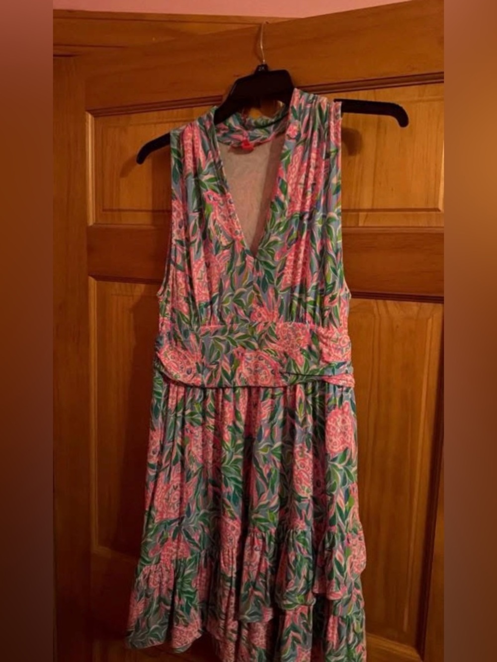 Lilly Pulitzer Pink Floral V-Neck Midi Dress with Green Leaf Print